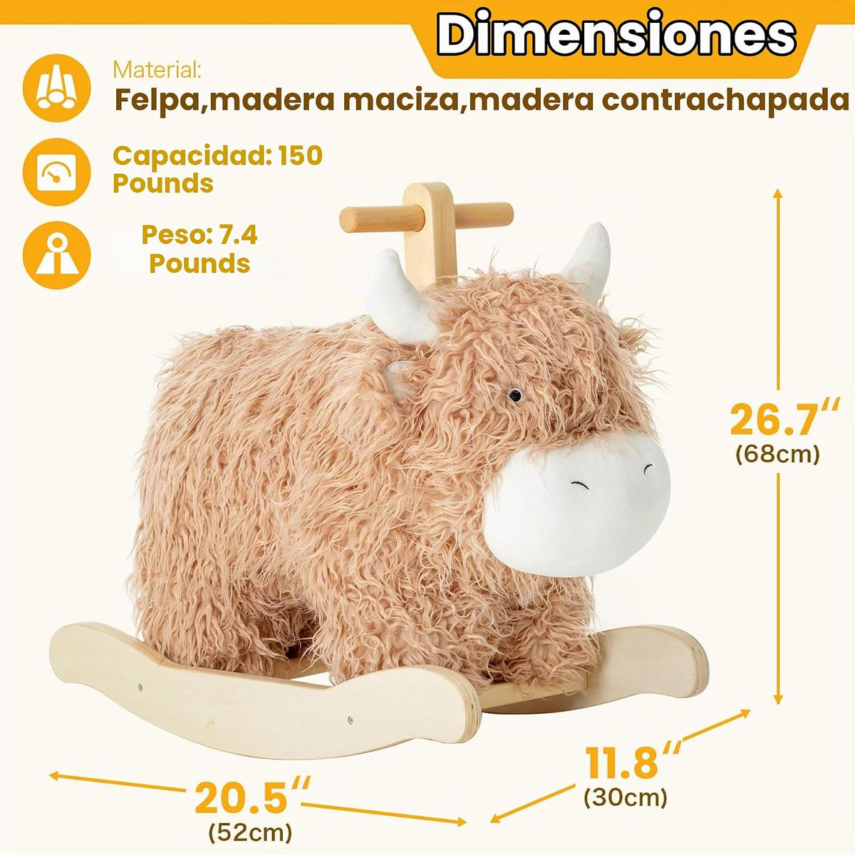 Caballo mecedor para bebé de 1 año de edad, juguete mecedor de madera de vaca de juguete de peluche de madera para cuarto de niños, sala de juegos, asiento de equilibrio de madera con asas, fiesta de cumpleaños, regalo de ducha