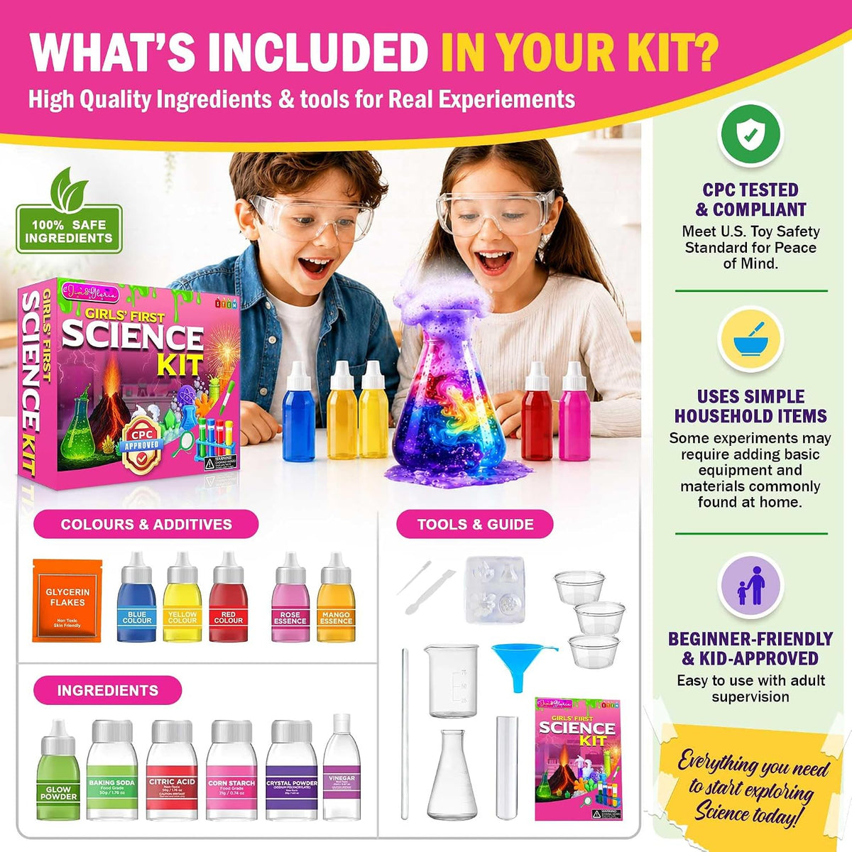 Jim & Gloria Kit de ciencia para niños, experimentos científicos para niños de 5 a 7 y 8 a 12 años, juguete educativo STEM, juego de química con experimentos de volcán, regalo de cumpleaños para niños y niñas, actividad de aprendizaje práctica