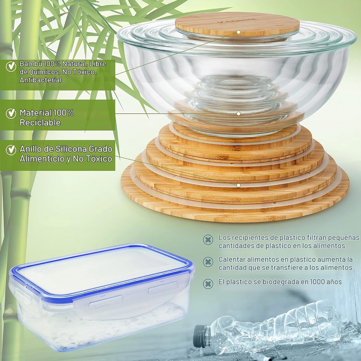 Juego apilable de 5 cuencos de vidrio anidados para ahorrar espacio con tapas de bambú para preparación de alimentos, almacenamiento, horneado, mezcla y cocina, aptos para microondas y horno