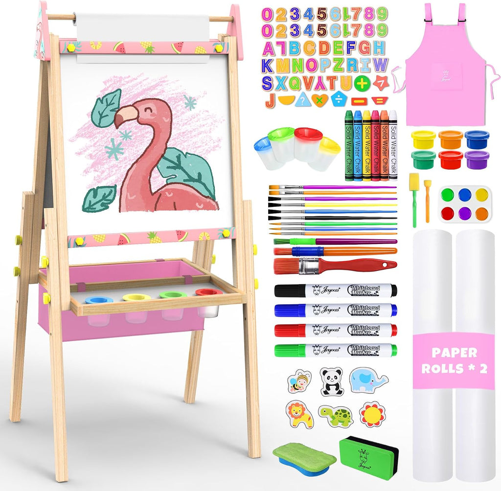 Joyooss Caballete de Arte para Niños Caballete para Niños Pequeños, Caballetes de Madera Ajustables de Pie para Niños Pizarra Blanca y Pizarra de Tiza para Niños Tablero de Borrado en Seco para Niños