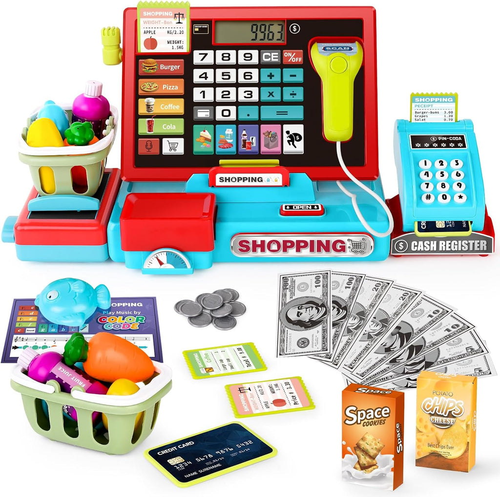 Kids Cash Register con Scanner, Role-Play Toys para Children 3-8 | Microphone, Shopping Basket, 52 Shop Accessories,Play Money, Pretend Play Children's Cash Register (Blue)
