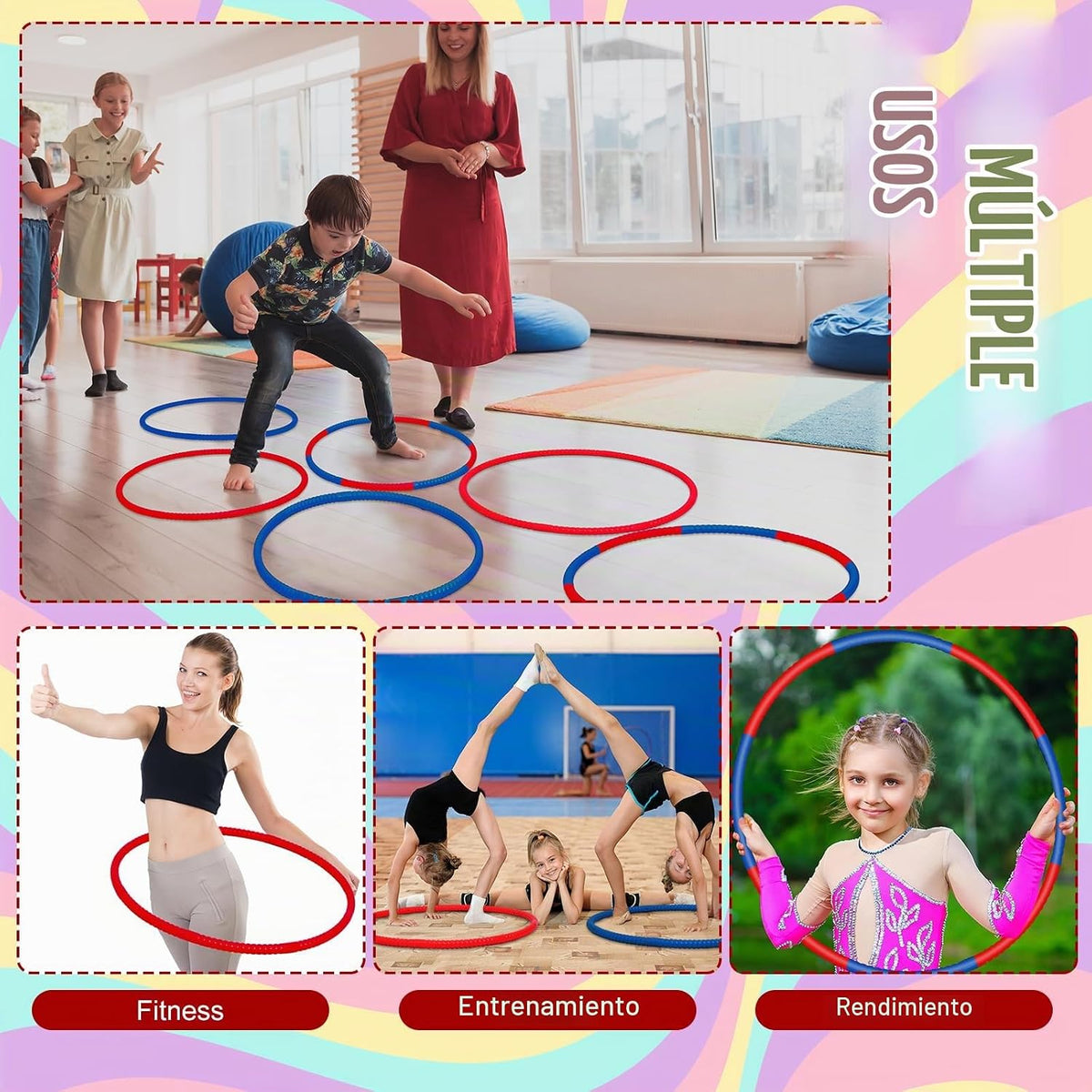 Halloscume 6 Piezas Aro de Ejercicio Desmontable Anillos de Fitness Ajustables Juguete de Plástico Aro de Fitness Juguetes de Patio Círculos de Colores para Juegos de Adolescentes Gimnasia Agilidad