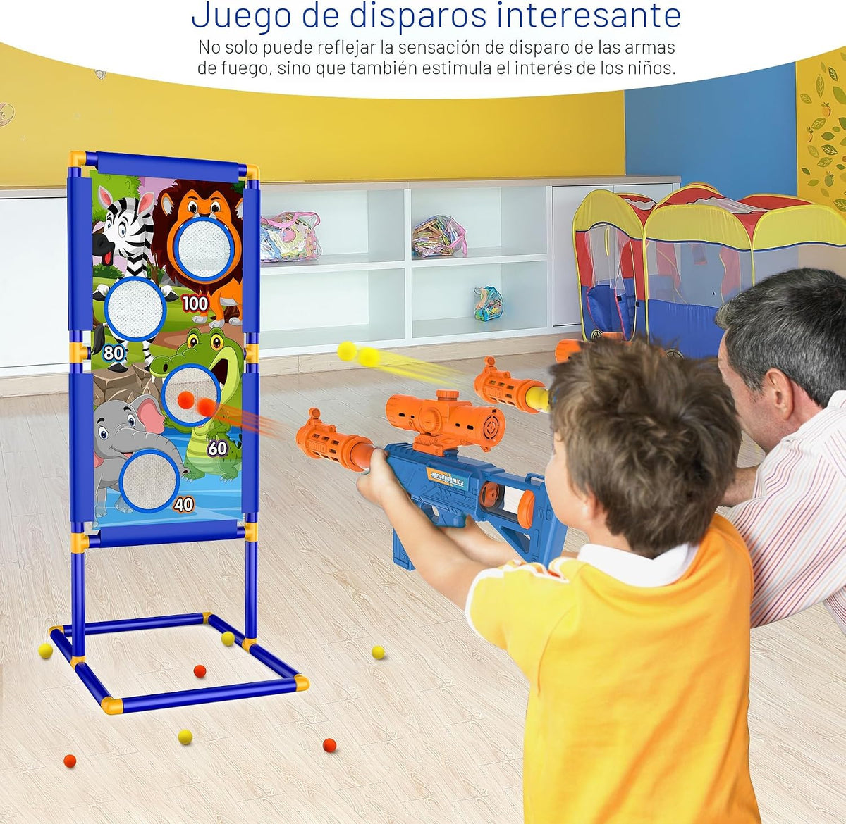 KKONES Juguete de Juego de Disparos para Niños - Pistolas de Aire de Espuma de Juguete para 2 Jugadores, 24 Balas de Espuma Popper y Objetivo de Disparo de Pie, Regalos de Cumpleaños para Niños de 3 4