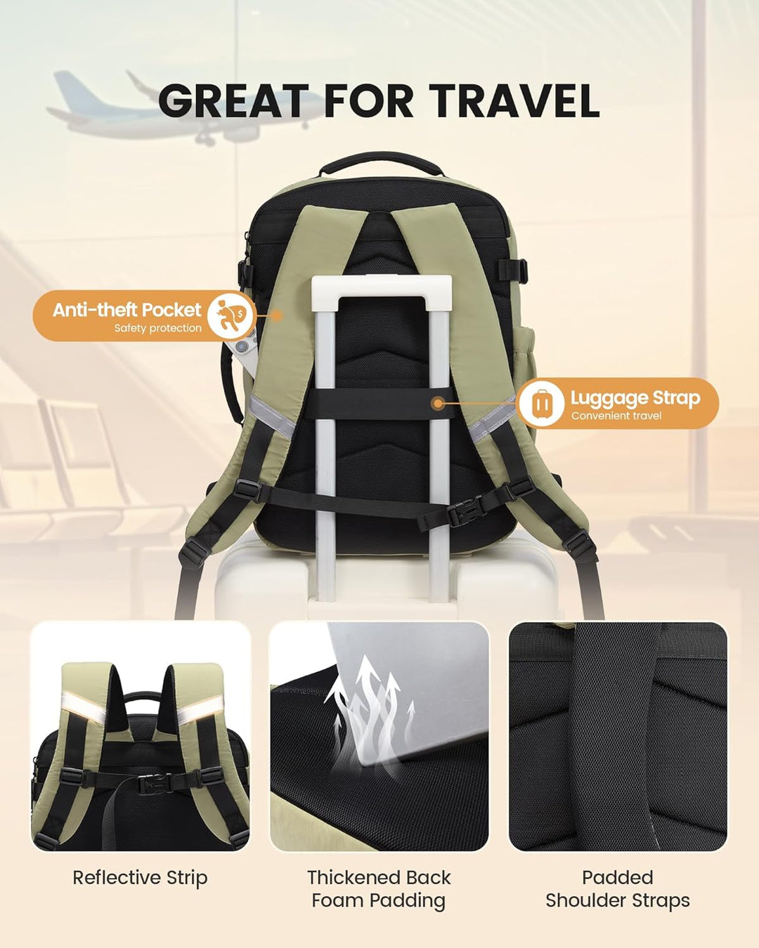 LOVEVOOK Mochila de viaje Mochila de transporte, verde grisáceo , M...