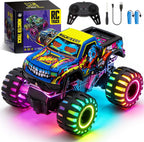 Camión monstruo de juguete a control remoto para niños, escala 1:20, 2.4 GHz, auto RC con luces, camión RC recargable todo terreno con 2 baterías recargables, regalo de juguete, cumpleaños, Navidad