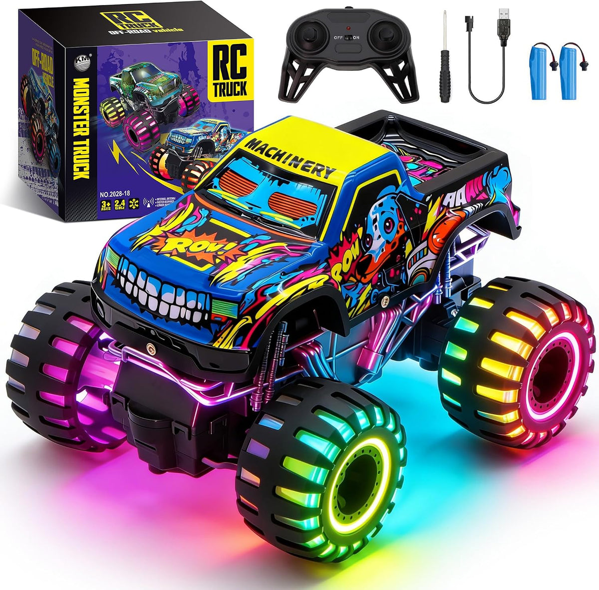 Camión monstruo de juguete a control remoto para niños, escala 1:20, 2.4 GHz, auto RC con luces, camión RC recargable todo terreno con 2 baterías recargables, regalo de juguete, cumpleaños, Navidad