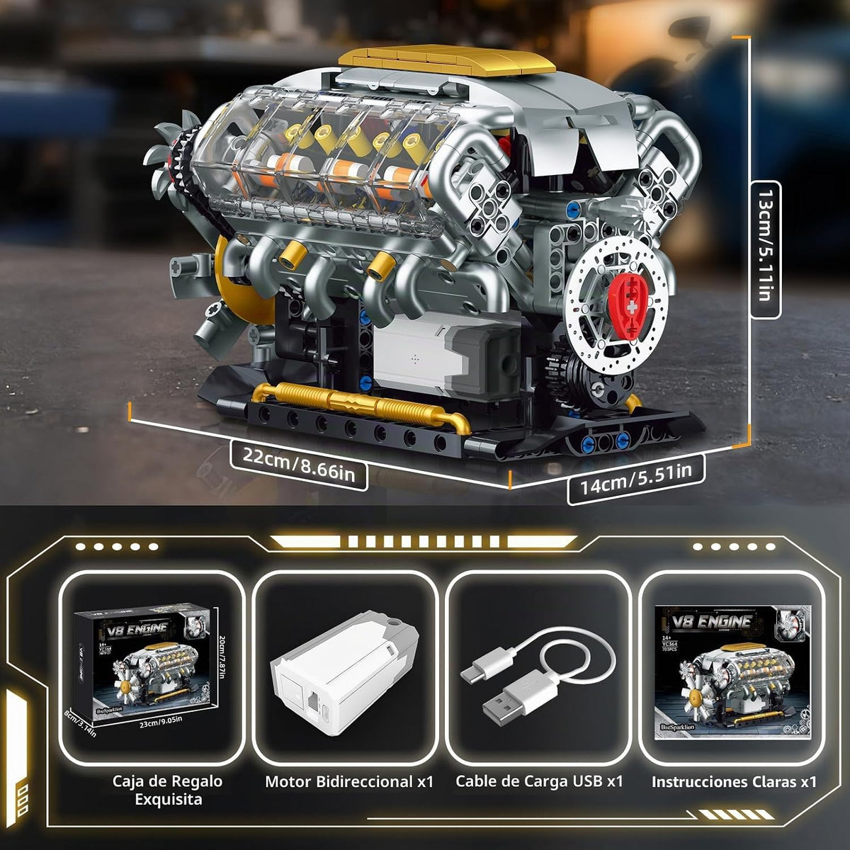 V8 Kit de modelo de motor que funciona, construye tu propio mini motor de automóvil visible, juego de construcción de experimentos de ciencia física para adultos y adolescentes, juguete STEM regalo para niños mayores de 14 años (703 piezas)