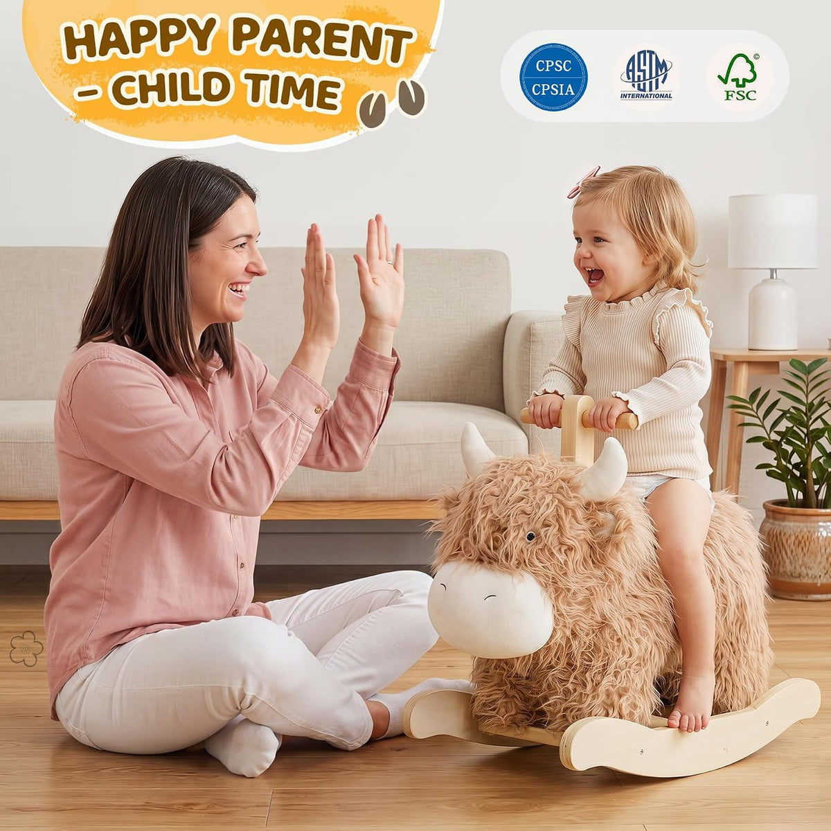 Caballo mecedor para bebé de 1 año de edad, juguete mecedor de madera de vaca de juguete de peluche de madera para cuarto de niños, sala de juegos, asiento de equilibrio de madera con asas, fiesta de cumpleaños, regalo de ducha