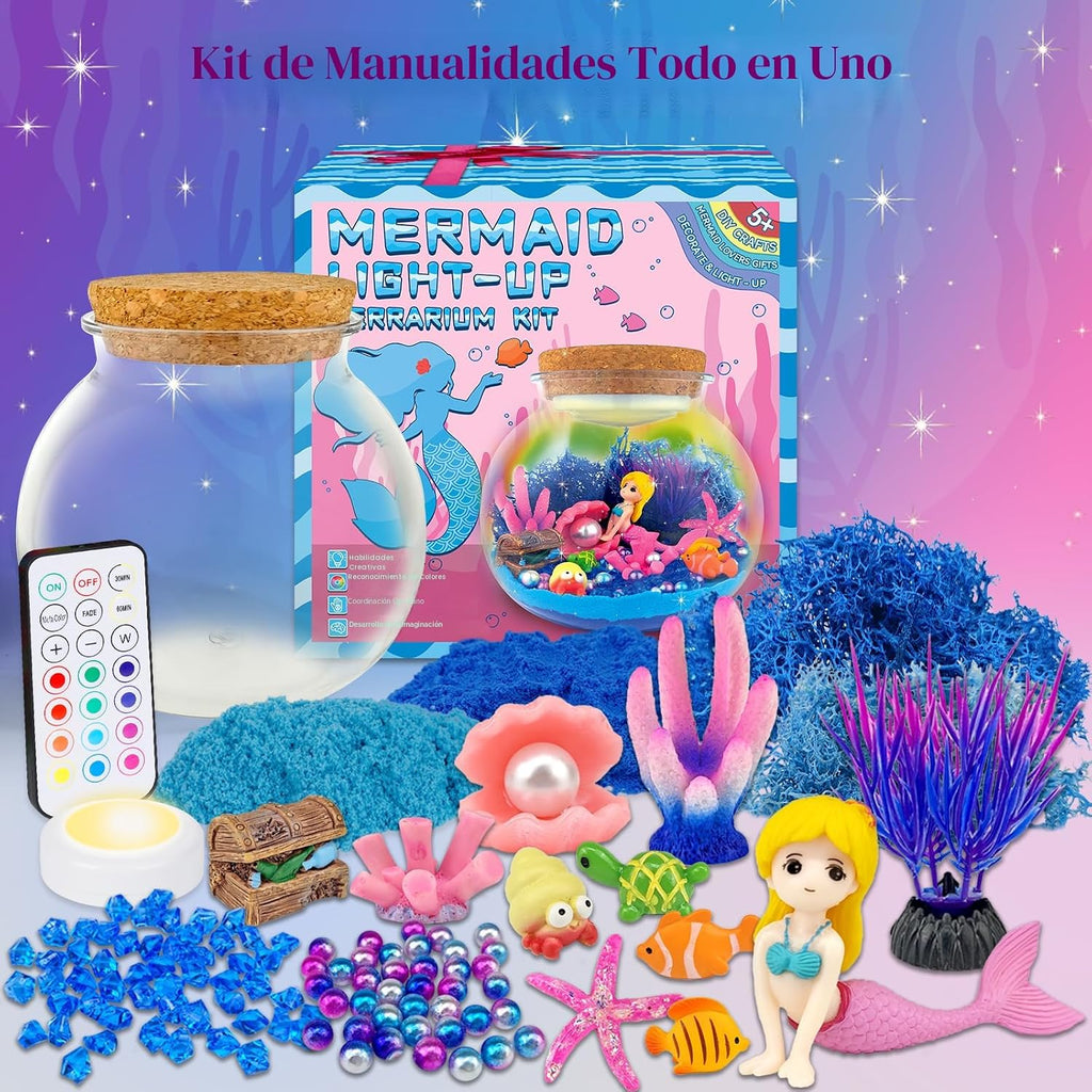 7july Terrario de sirena Kit de manualidades para niños - Luz nocturna LED y control remoto, regalo de cumpleaños de sirena para niñas de 5 6 7 8 9 10 11 12 años