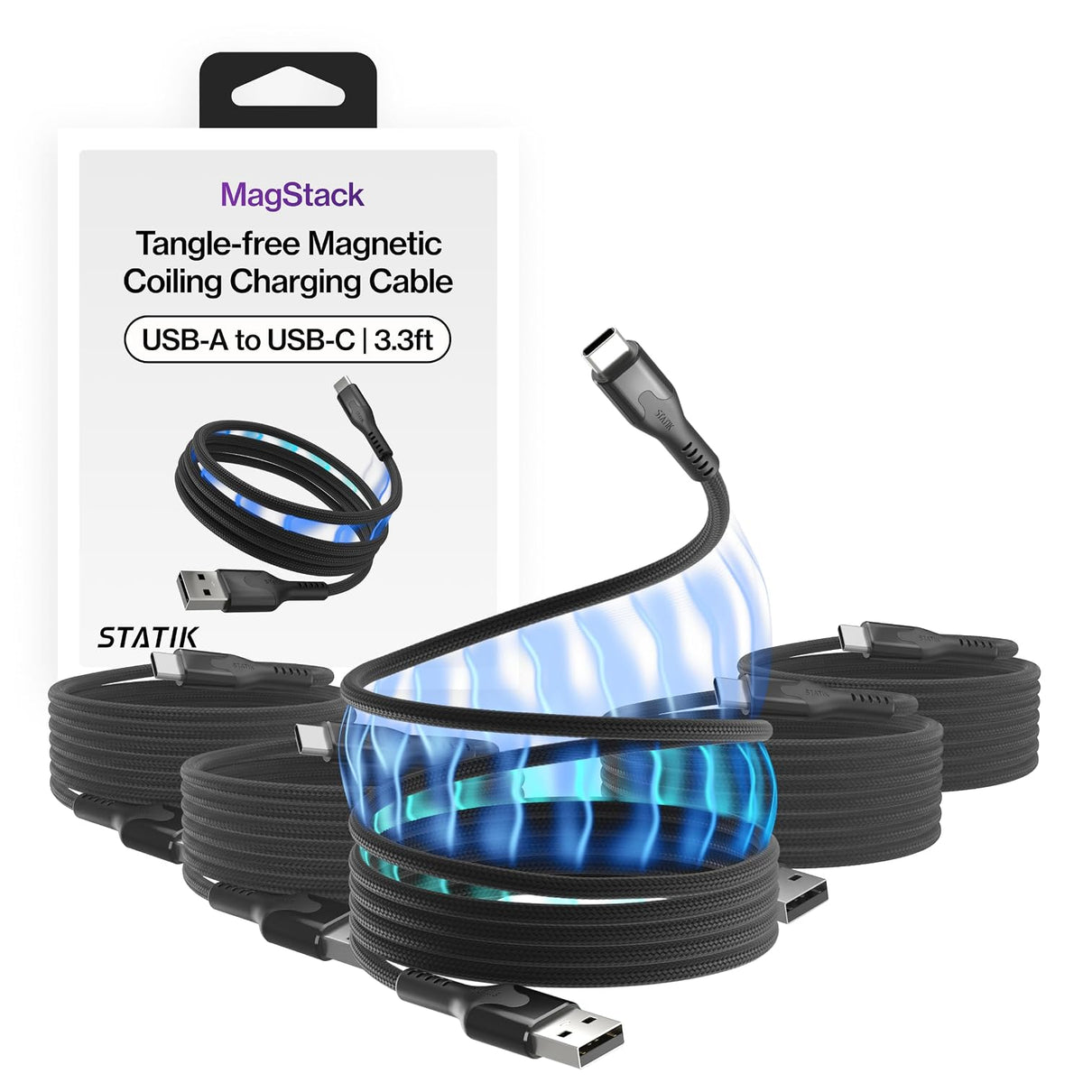 Statik MagStack - Cable USB a USB C, cargador A a tipo C, cable de carga rápida para teléfono, cable de carga magnético portátil para automóvil, compatible con iPhone 16 Pro Max, Galaxy S24, 27W 3FT