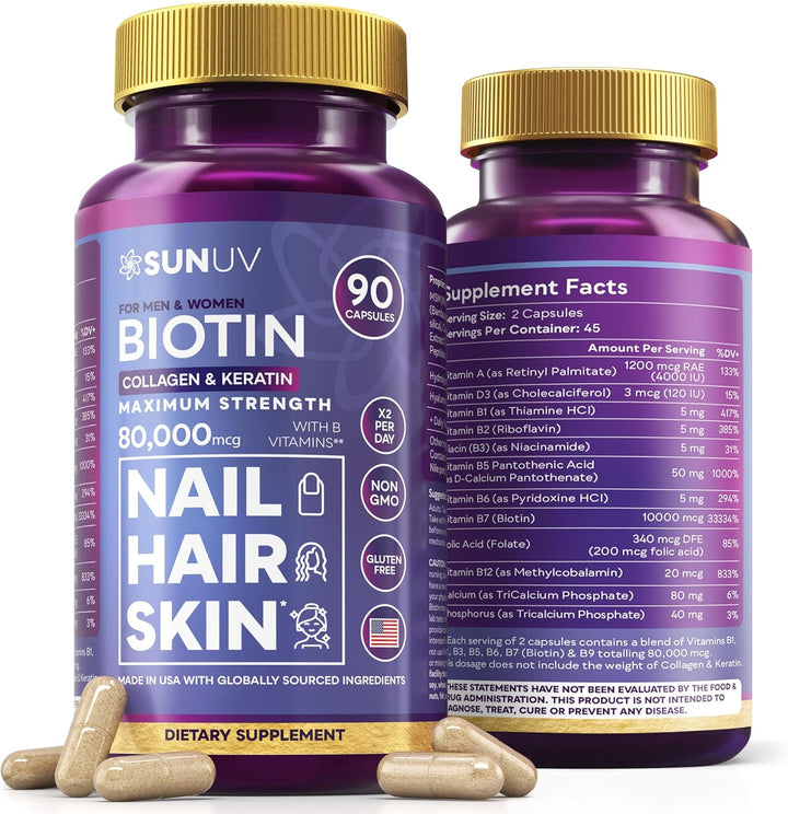 SUNUV Biotina 10,000 mcg | Colágeno | Queratina - 80,000 mcg Vitami...