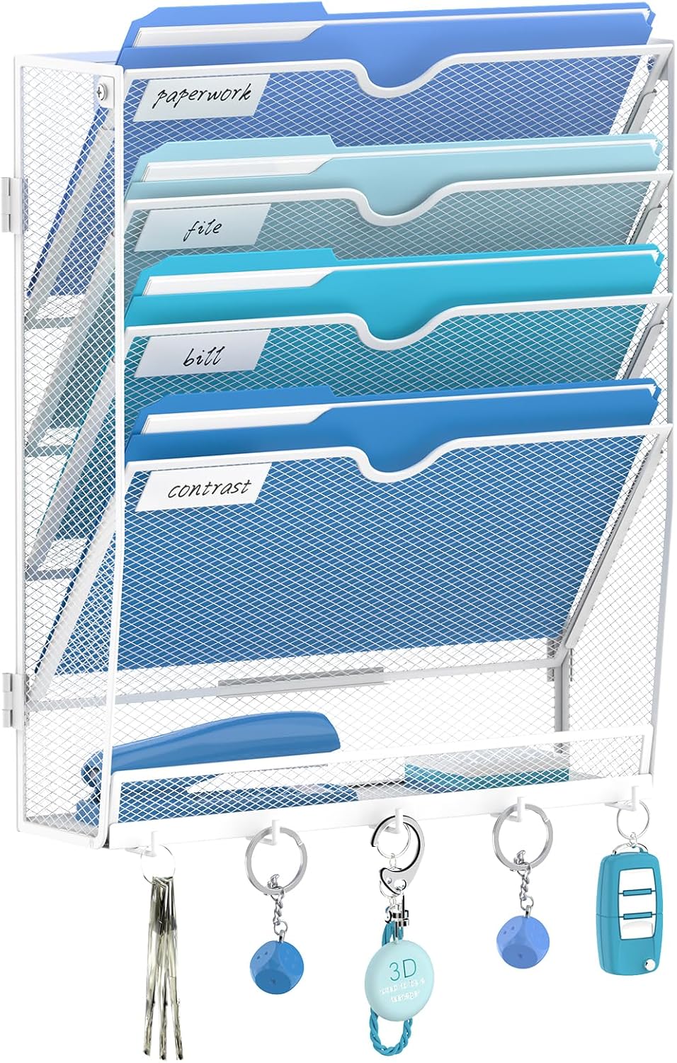 Organizador de archivos de pared de 5 niveles y organizador de correo con 5 ganchos, color blanco