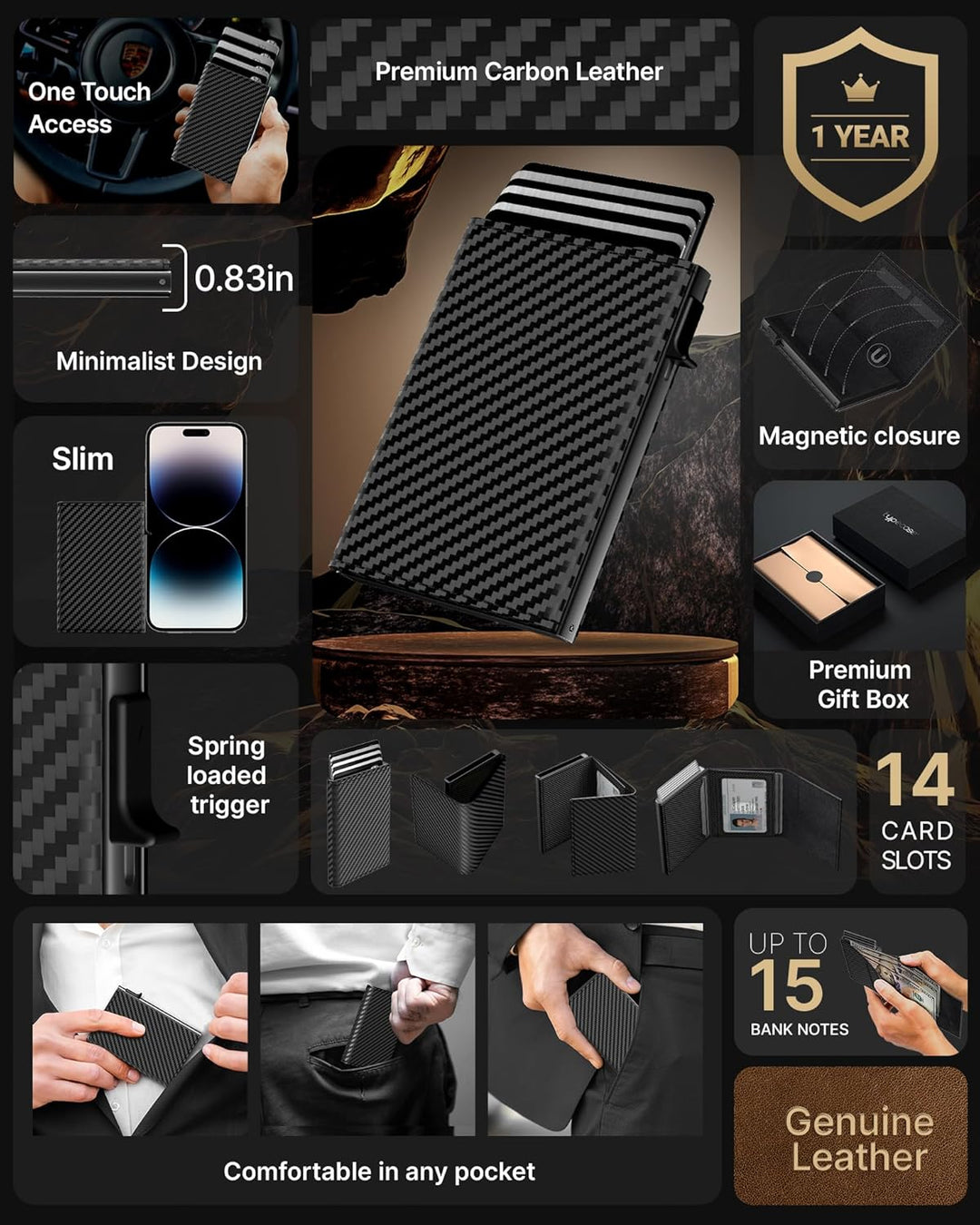 Cartera Typecase para Hombres, Negro fibra de carbono