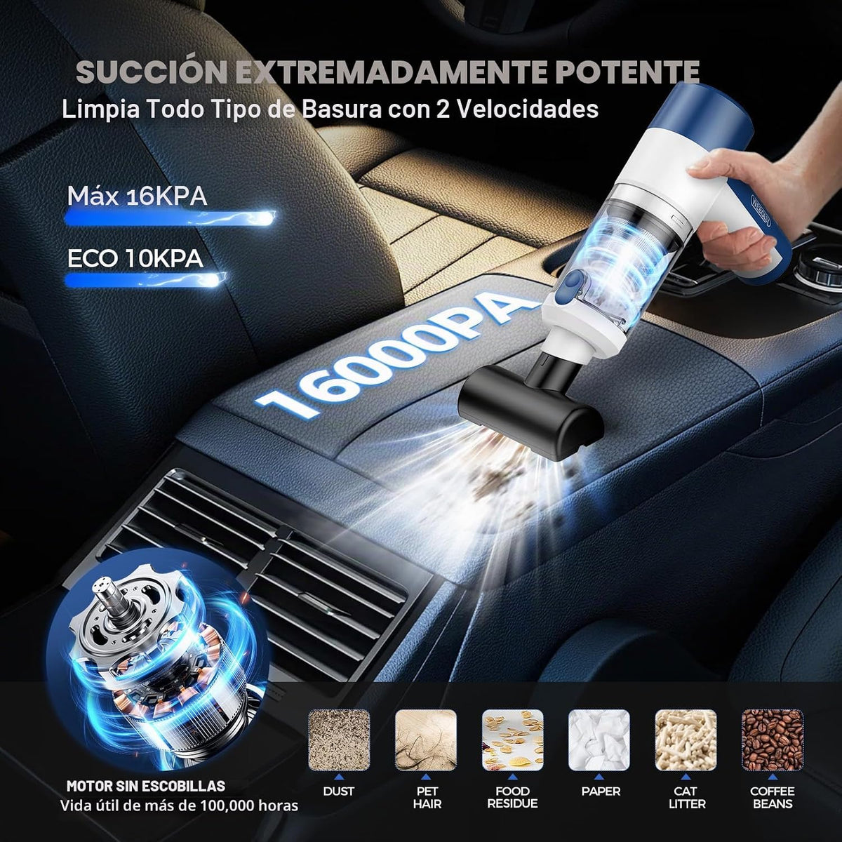 Aspiradora de coche/plumero de aire portátil inalámbrica – Aspiradora de mano de alta potencia de 16000 PA con motor sin escobillas de 85,000 RPM, mini aspiradora recargable 4 en 1, soplador y bomba
