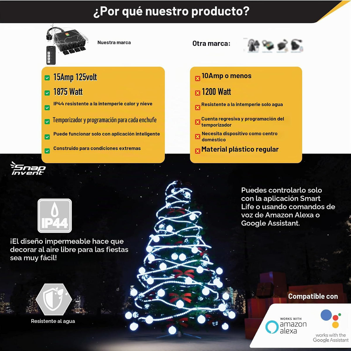 Regleta de Alimentación Inteligente para Exteriores de Servicio Pesado, Enchufe WiFi con Toma Resistente al Agua, Cable de Extensión de Alimentación Eléctrica, Interruptor de Salida y Temporizador
