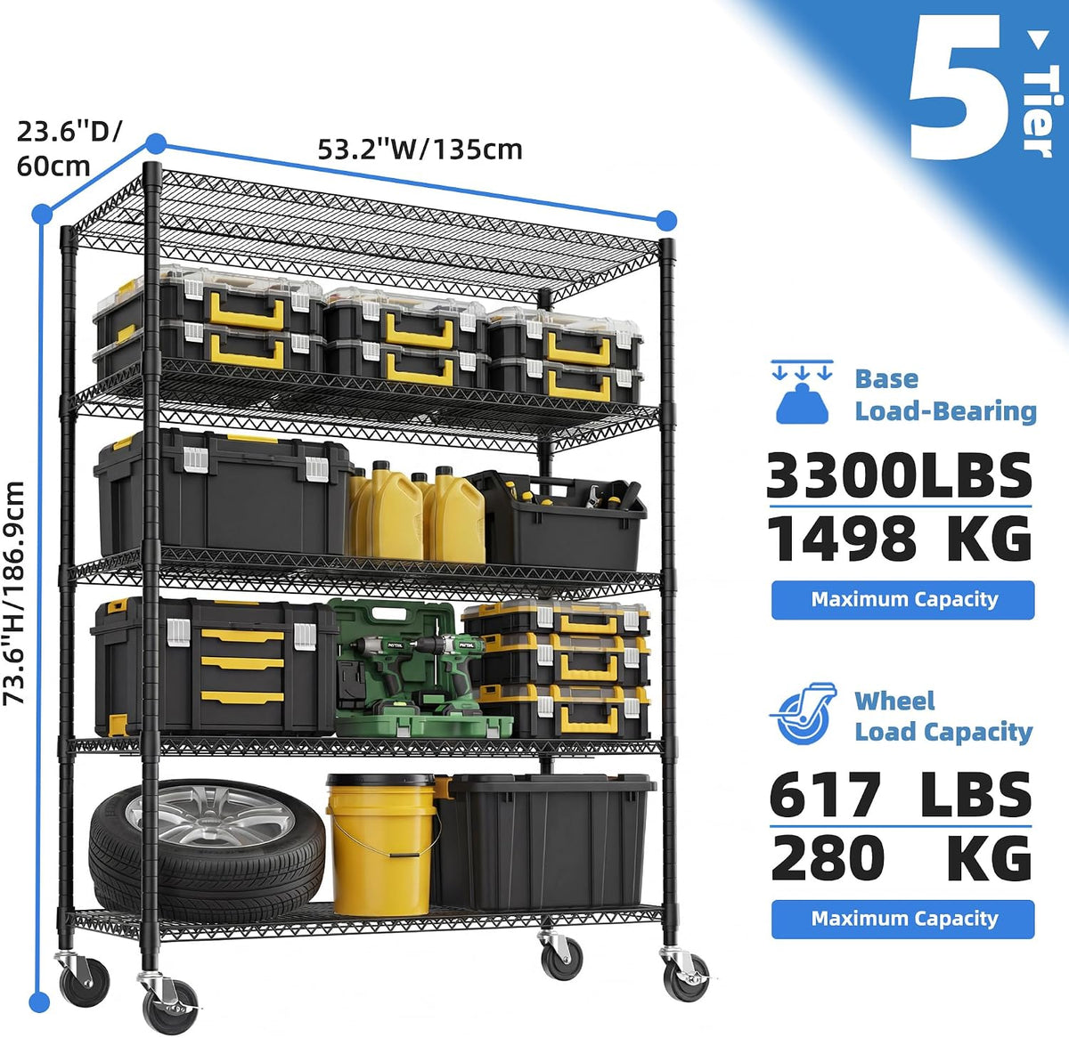 M MZG Estantes de almacenamiento de 5 niveles con carga de 3300 libras, estantes de metal de alambre de metal para almacenamiento, estantes ajustables de garaje para despensa, cocina, garaje, color