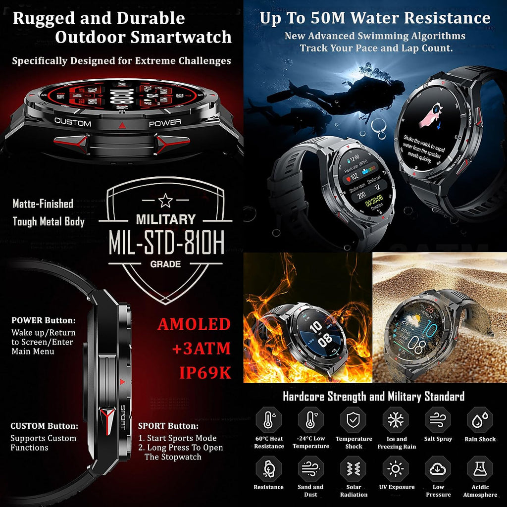 Military GPS Smart Watch: 1.43” AMOLED AOD, GPS integrado, Brújula, Altímetro, Barómetro, Seguimiento de Fitness/Trayectorias, Llamadas BT, 150+ Deportes, IP69K, Asistente de Voz, Larga Batería, Android/iOS