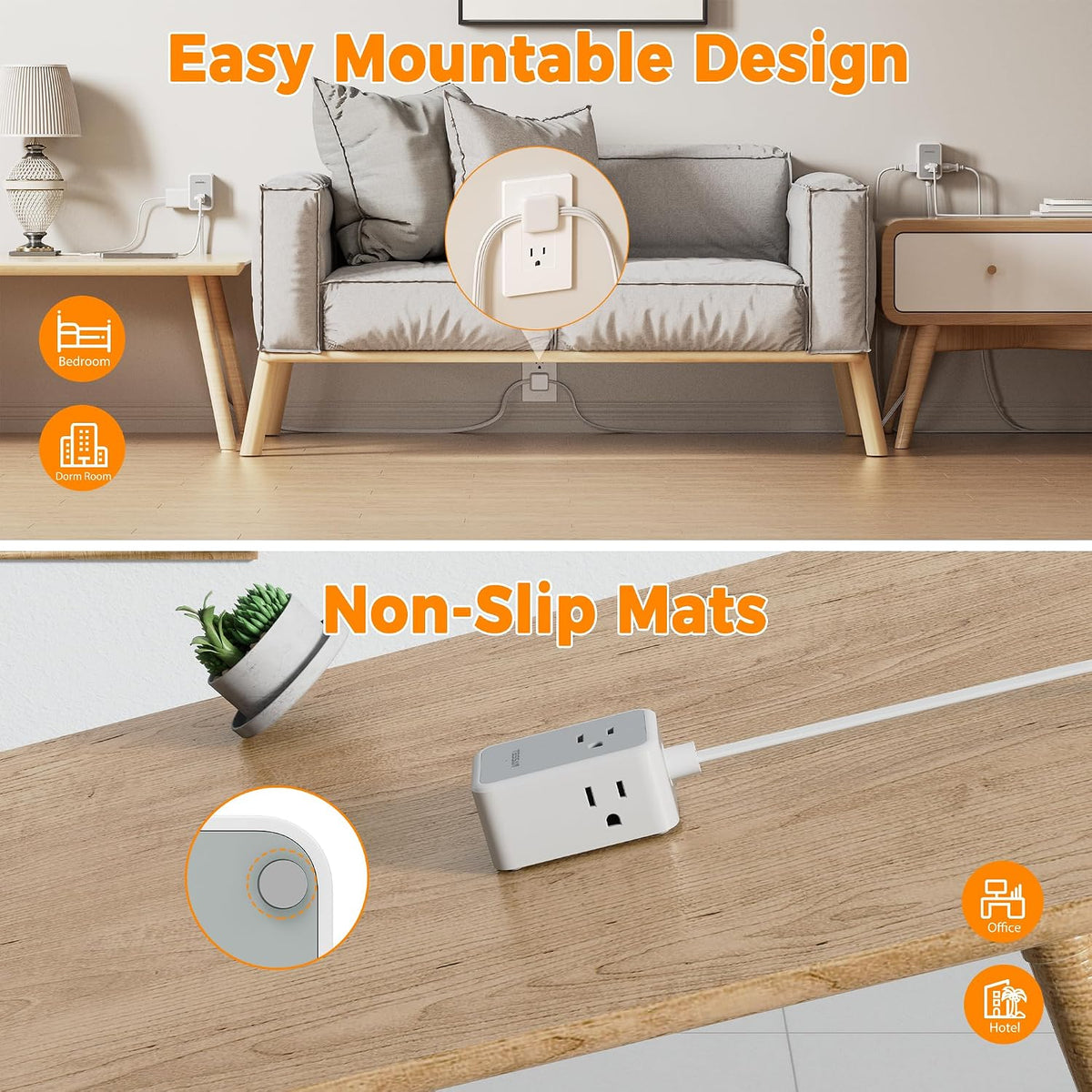 TESSAN Regleta de alimentación de enchufe plano de doble extremo, cable de