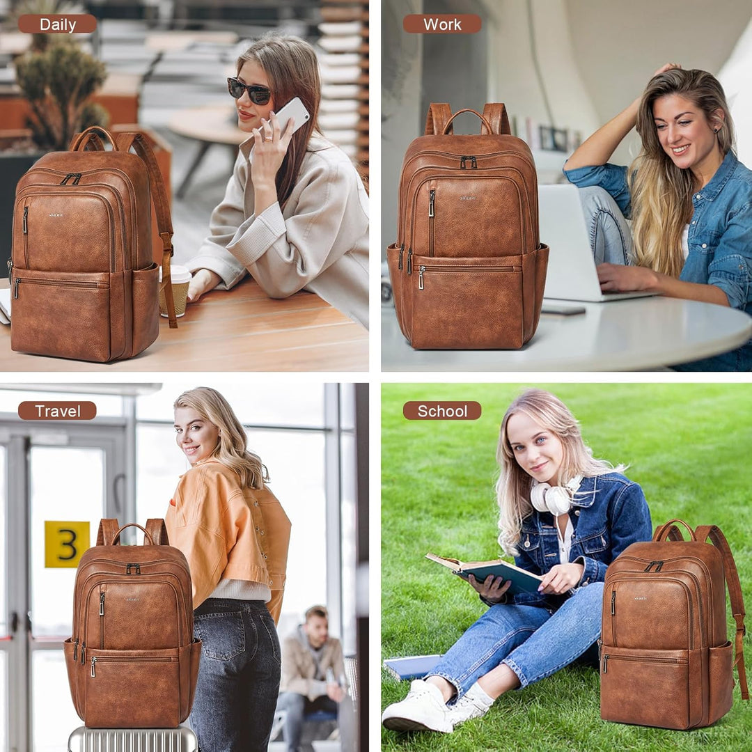 Shrrie Mochila de cuero para laptop de 17 pulgadas para mujer, moch...