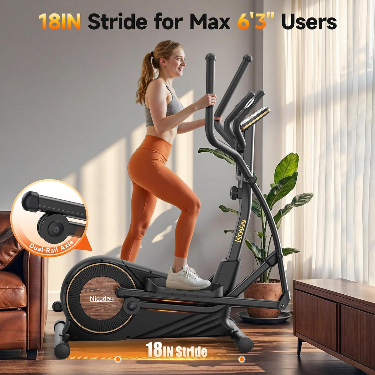 Niceday Máquina elíptica de ejercicios, máquina elíptica para el hogar, entrenador elíptico magnético con zancada de 15.5 a 19 pulgadas, 16 niveles de resistencia, capacidad de carga de 400 libras