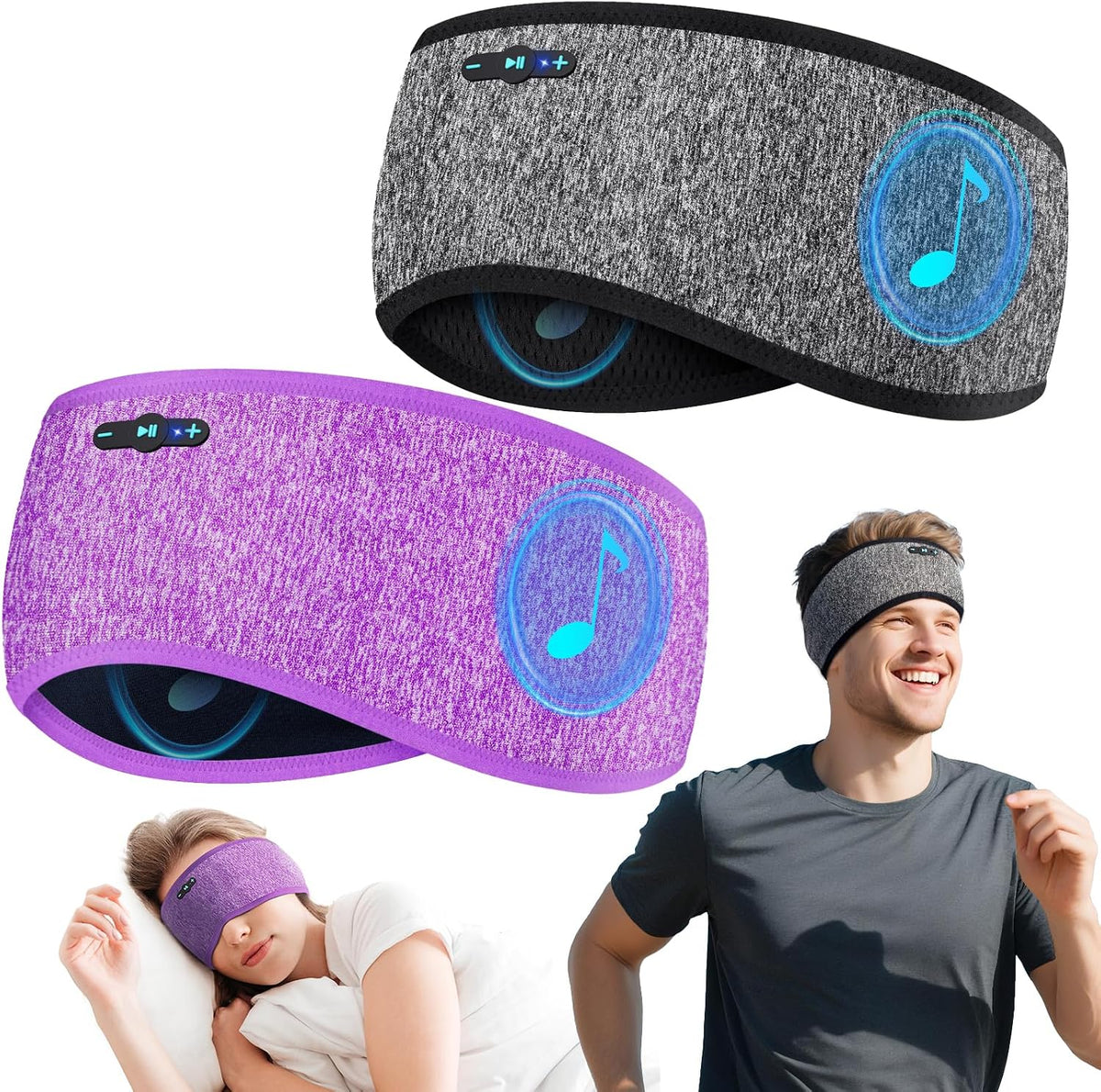 Diadema Bluetooth 6.0 para dormir de lado (gris y morado)