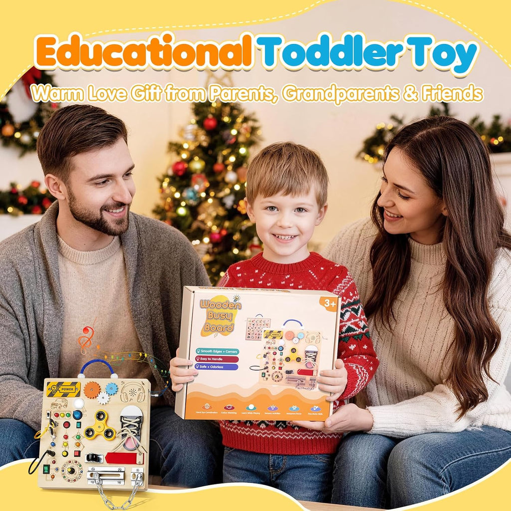 Tablero de actividades para niños pequeños - Juguetes Montessori para niños de 1, 2, 3 años, tablero de actividades sensoriales de madera, juguete de tablero antiestrés con interruptores y cajas de