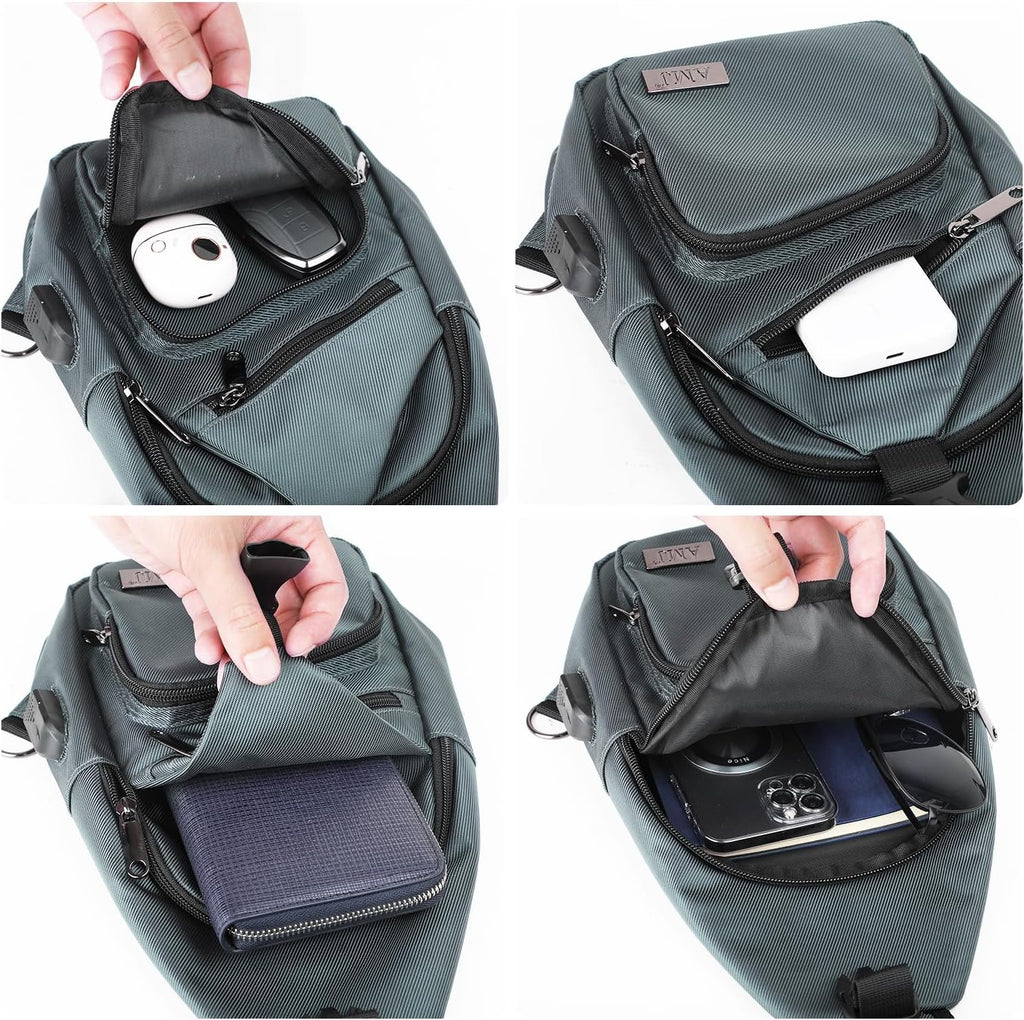 Bolso bandolera con puerto de carga USB, bolsa de hombro casual en el pecho con logotipo y tiradores de cremallera (verde)