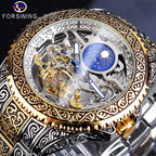 FORSINING Reloj retro para hombre, tallado, automático, mecánico, tatuaje, tourbillon, fase lunar, segundos independientes, esqueleto automático, esfera grande, relojes de pulsera