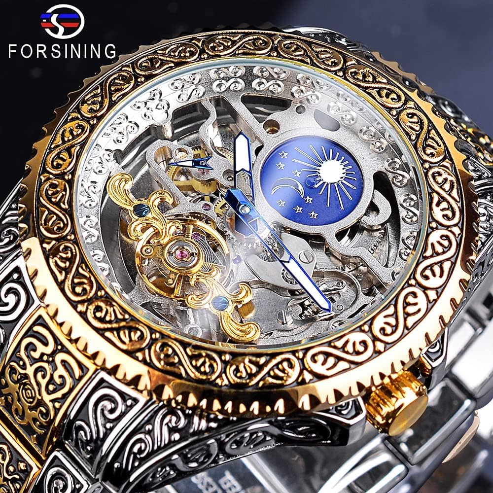 FORSINING Reloj retro para hombre, tallado, automático, mecánico, tatuaje, tourbillon, fase lunar, segundos independientes, esqueleto automático, esfera grande, relojes de pulsera
