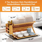 Greenual Escurridor de platos de bambú con soporte para utensilios, estante plegable de 3 niveles, estantes de madera para encimera de cocina, soporte de secado plegable grande con tapete absorbente para secar platos