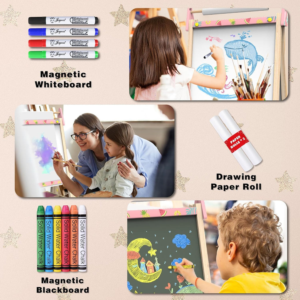 Joyooss Caballete de Arte para Niños Caballete para Niños Pequeños, Caballetes de Madera Ajustables de Pie para Niños Pizarra Blanca y Pizarra de Tiza para Niños Tablero de Borrado en Seco para Niños