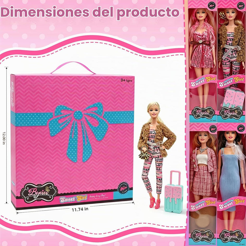Juego de muñecas de moda de juguete americano de 11.5 pulgadas | Paquete de 4 muñecas de princesa para niñas de 6 a 12 años | Juego de muñecas con accesorios como bolso, sombrero, corona, collar