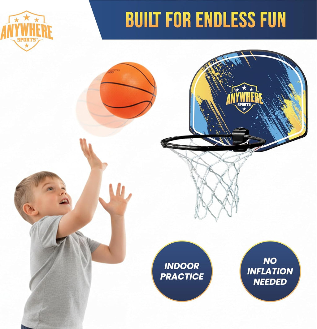 Juego de baloncesto silencioso y aro – Sobre la puerta, juego silencioso para niños, fácil montaje con clip, incluye baloncesto de espuma de 6 pulgadas