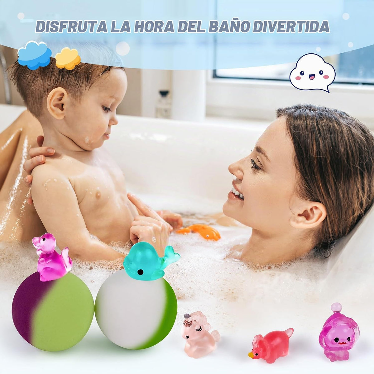 Bombas de baño para niños con juguete sorpresa en el interior, paquete de 42 bombas de baño para niños con 34 juguetes que brillan en la oscuridad y 8 juguetes de animales marinos en el interior, burbujas orgánicas para niños y niñas.