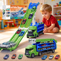Camión de carreras de juguete para niños de 3 a 5 años - Camión transportador de automóvil 4 en 1 con 2 pistas de carreras plegables, juego de vehículos de transporte con 6 autos fundidos a presión