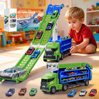 Camión de carreras de juguete para niños de 3 a 5 años - Camión transportador de automóvil 4 en 1 con 2 pistas de carreras plegables, juego de vehículos de transporte con 6 autos fundidos a presión