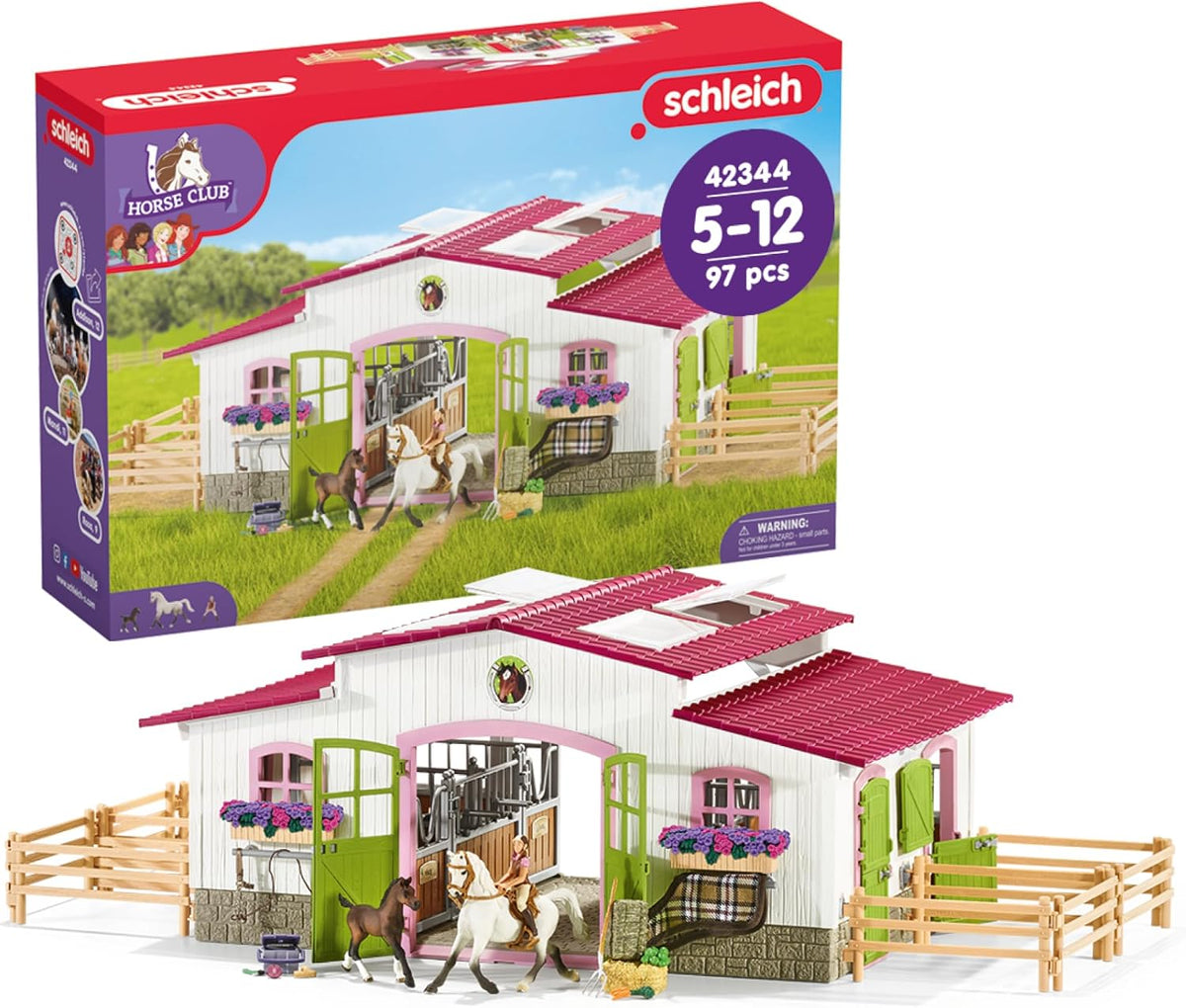 Schleich Horse Club - Juego de juguetes de caballo de centro de equitación de 97 piezas con jinete, 2 caballos, granja y accesorios de figuras de granja para niñas y niños - Figuras de juego