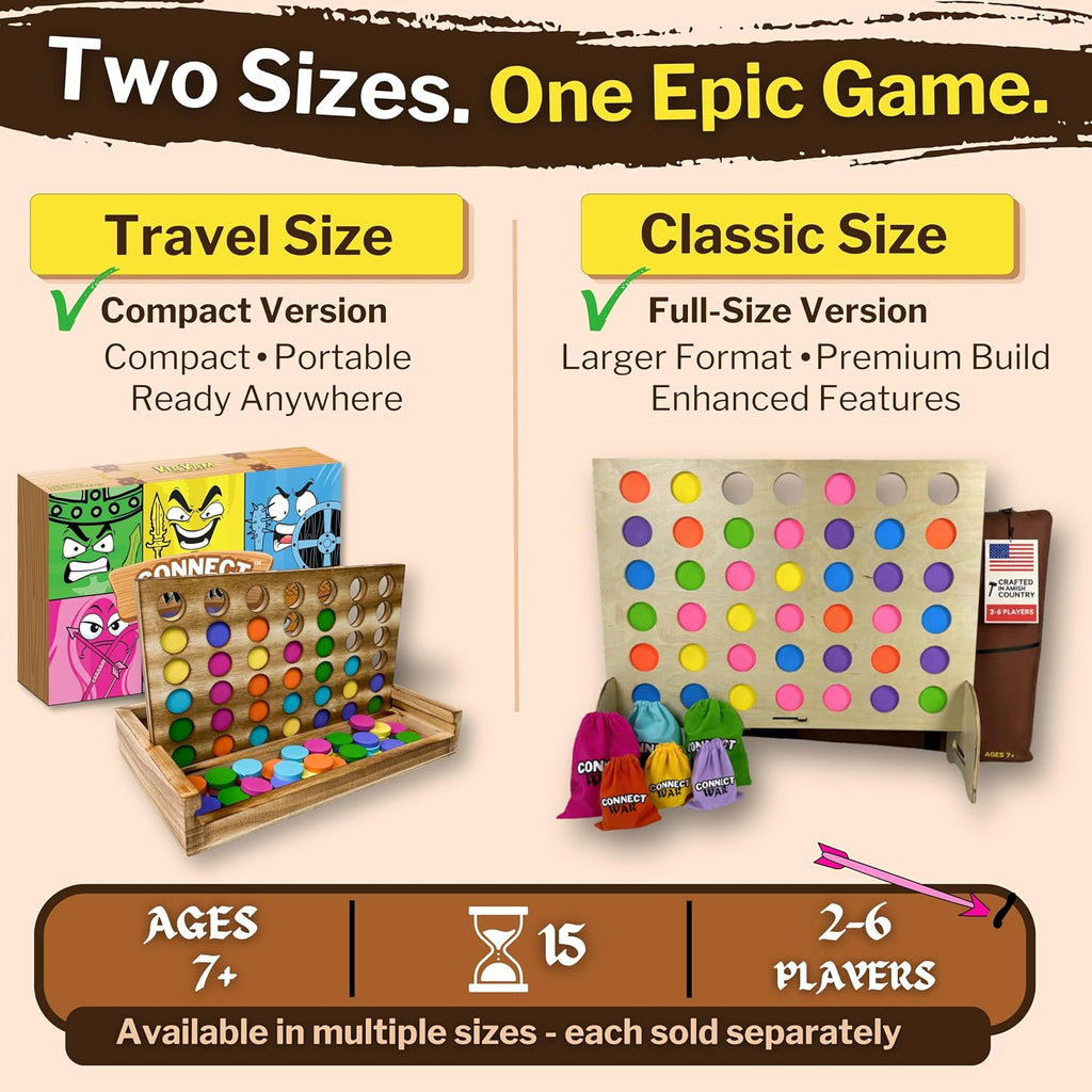 Connect War - Juego de mesa 4 en fila para 2 a 6 jugadores, juegos de madera hechos a mano para juegos familiares y grupales, juego de madera cuatro en una fila