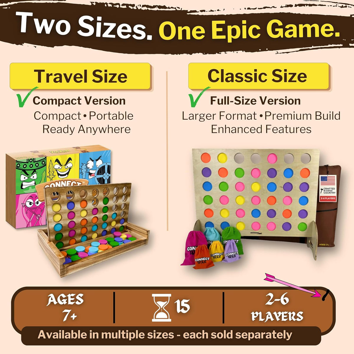 Connect War - Juego de mesa 4 en fila para 2 a 6 jugadores, juegos de madera hechos a mano para juegos familiares y grupales, juego de madera cuatro en una fila