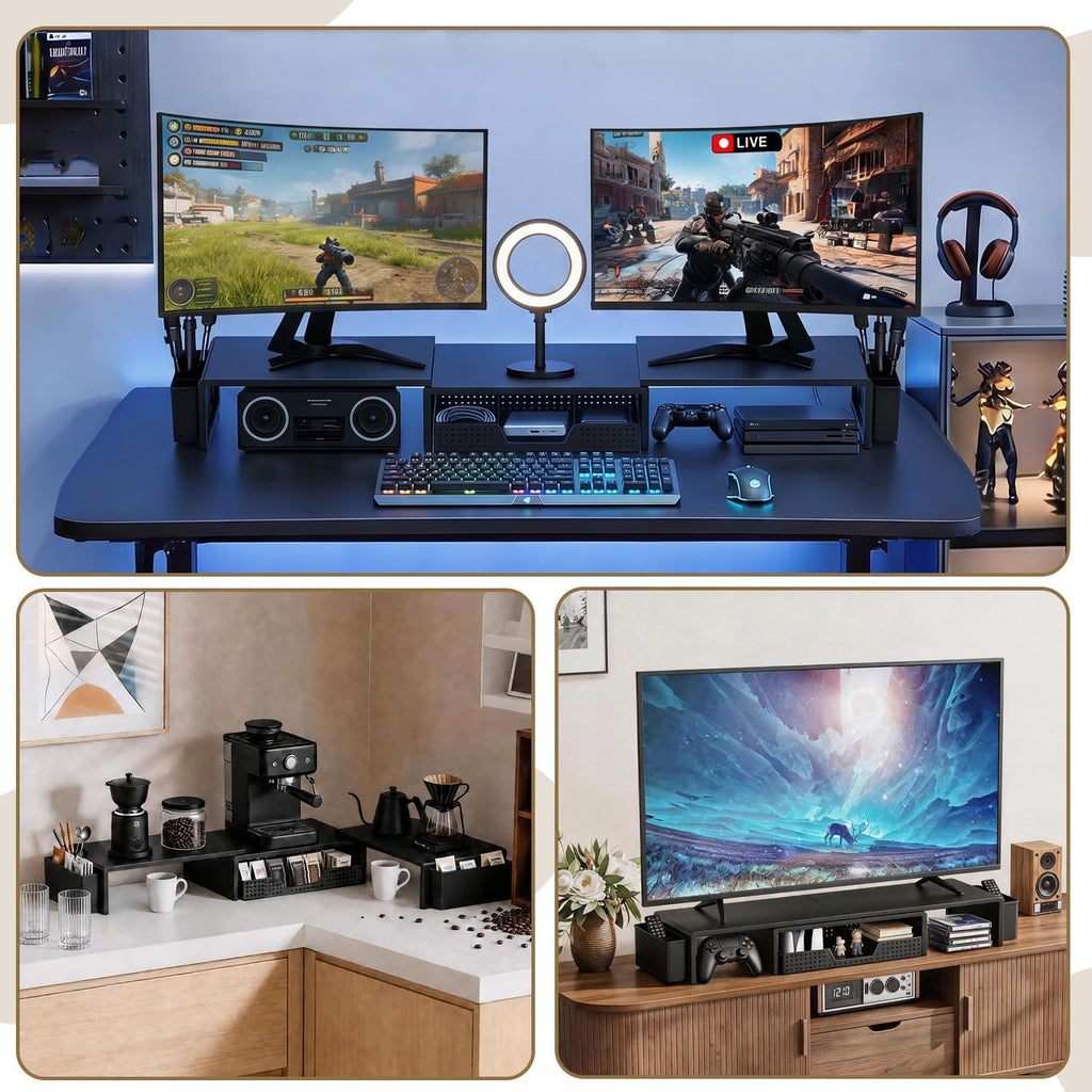 Soporte elevador para monitor doble con cajón y 2 soportes para
