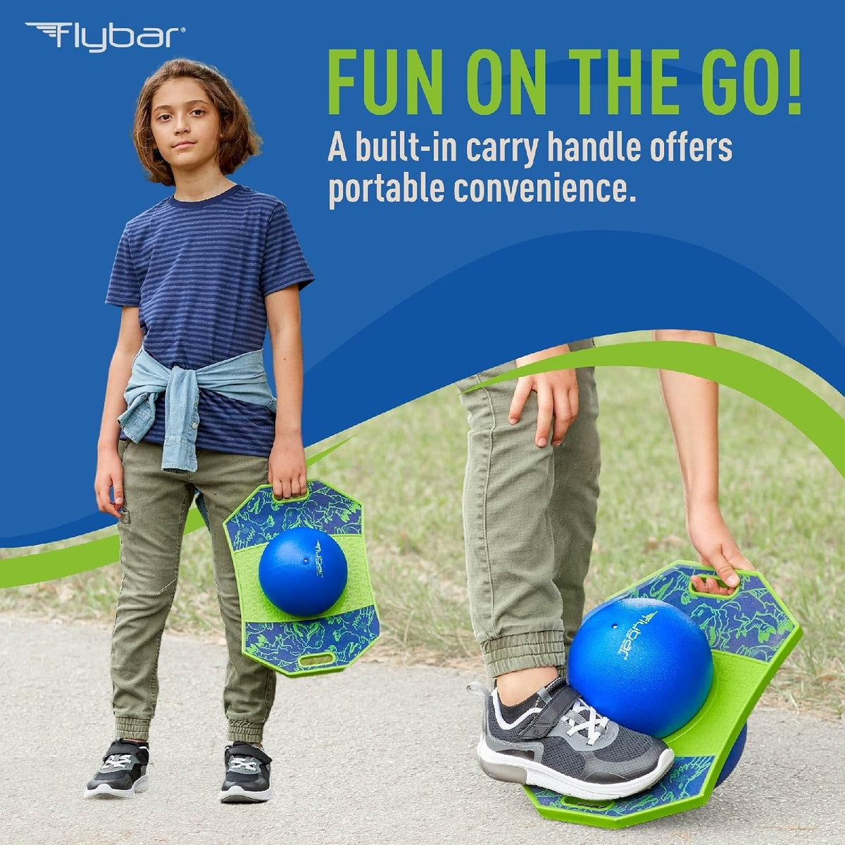 Flybar Pogo - Pelota de truco para niños, tabla de rebote de equilibrio con cubierta antideslizante, bomba incluida, juguetes para interiores y exteriores para niños y niñas, forma divertida de