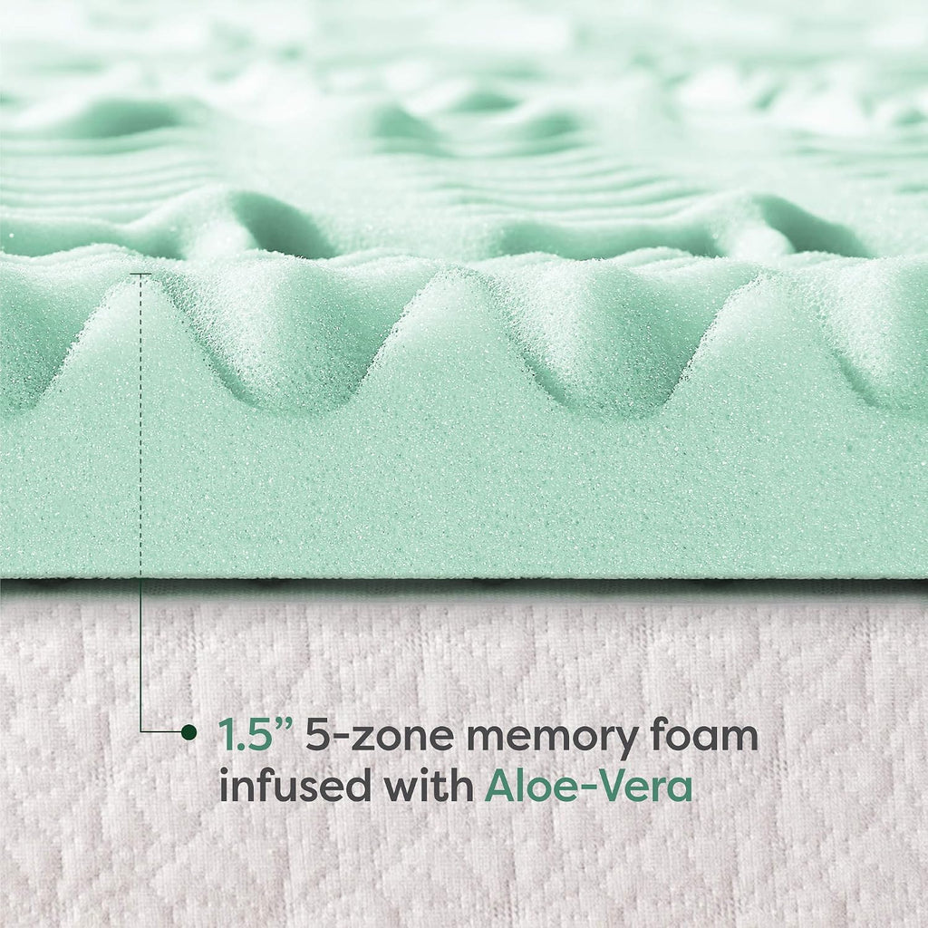 Mellow - Cubrecolchón de espuma viscoelástica de 1.5 pulgadas y 5 zonas, con impregnación de aloe vera relajante, tamaño Queen