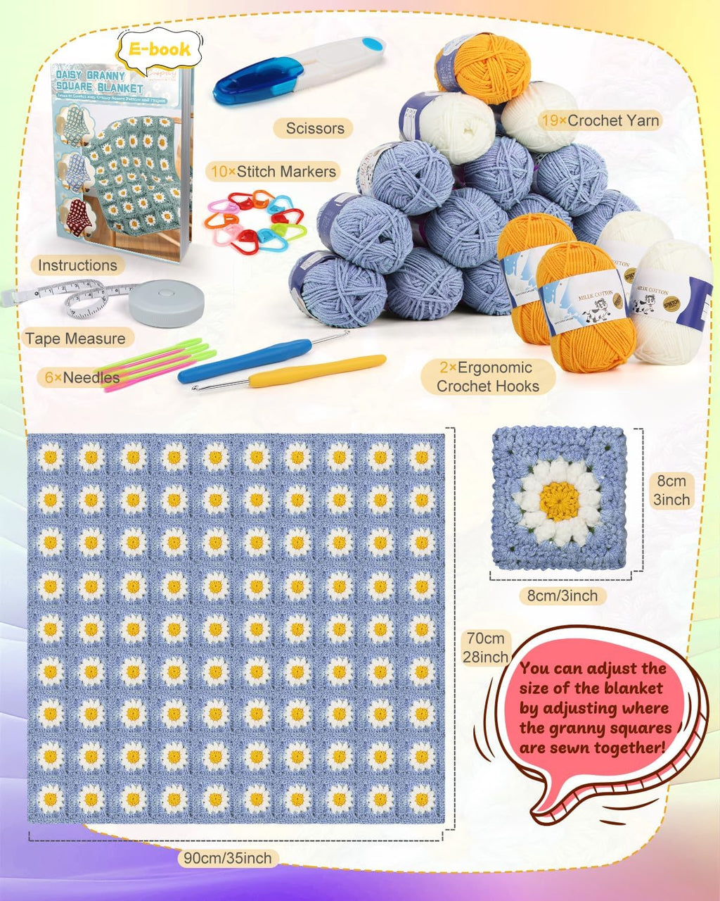 Coopay - Kit de ganchillo para principiantes, kit de manta cuadrada de