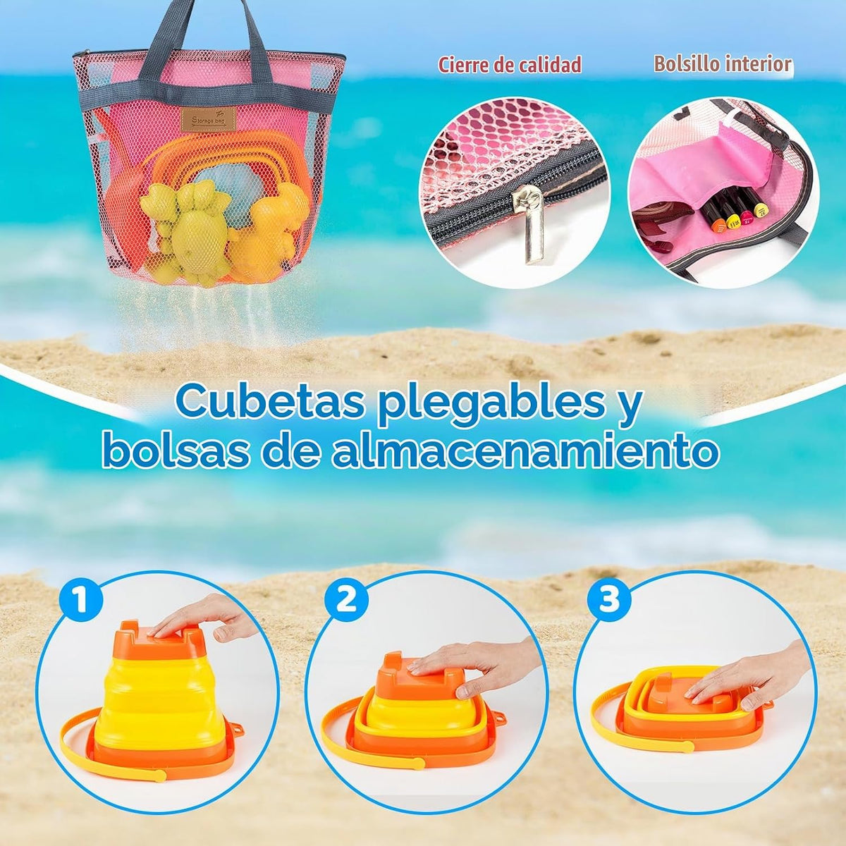 Juguetes de arena de playa para niños con 2 cubos de arena plegables de