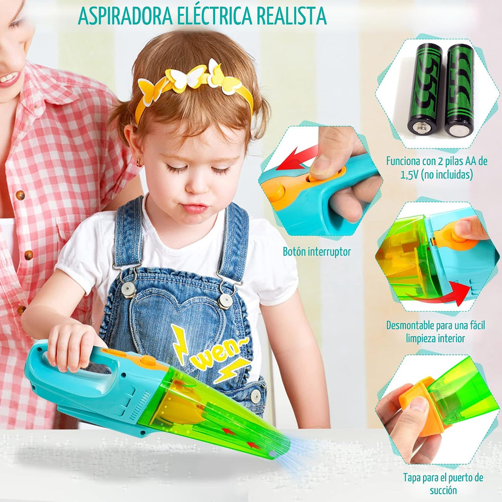 Set de limpieza para niños con aspiradora eléctrica, juguetes de limpieza de madera para niños pequeños