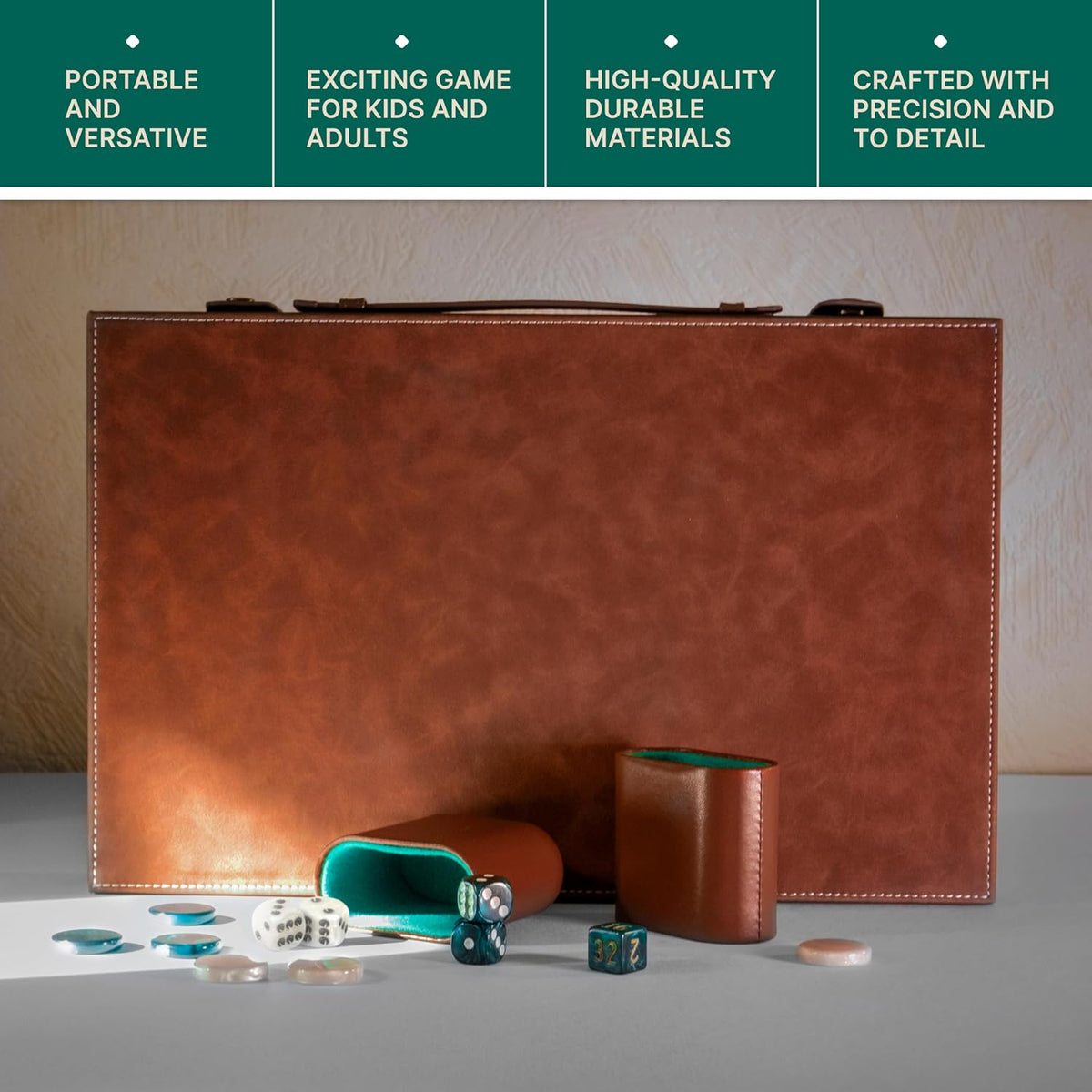 Backgammon - Juego de mesa para adultos de 15 pulgadas, juego de mesa de backgammon de piel sintética de alta calidad con 32 fichas, tazas de dados y cubo doble, juego de backgammon de viaje portátil