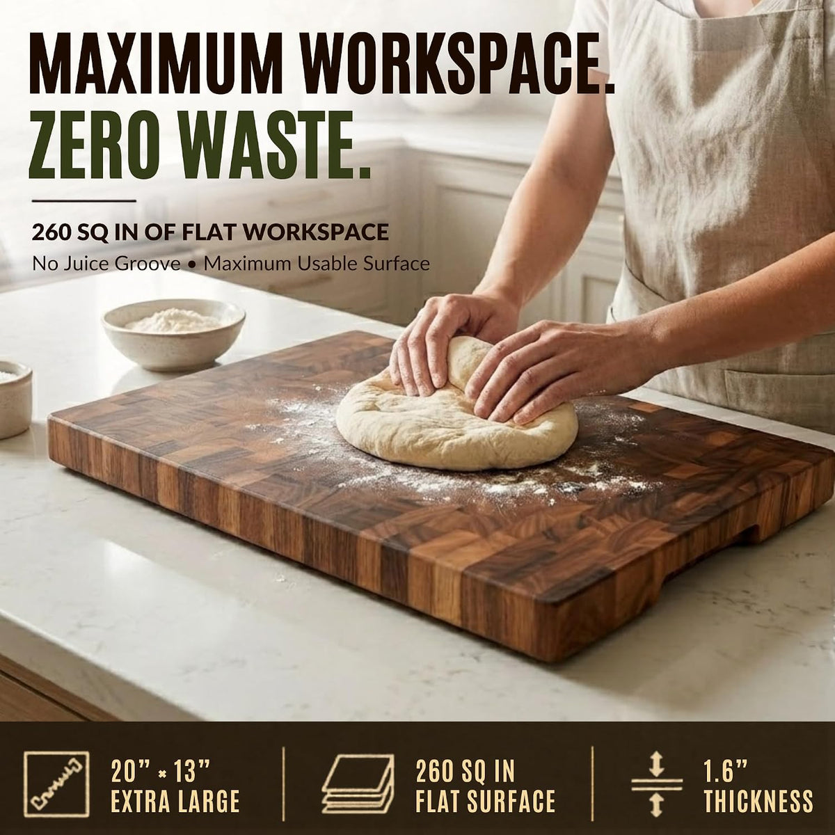 SHUMARU Tabla de cortar de grano final XL de 20 x 13 x 1.6 pulgadas de grosor, bloque de carnicero resistente de 11 libras, espacio de trabajo plano de 260 pies cuadrados para preparación de comidas
