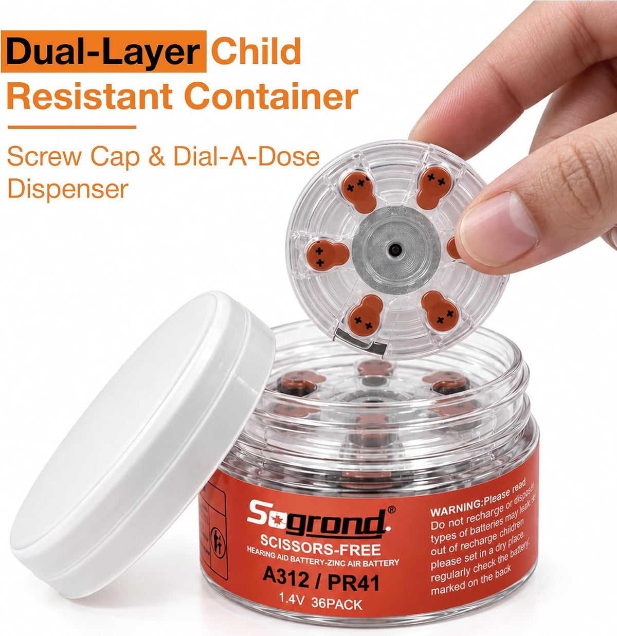 Baterías para audífonos tamaño 312, PR41 sin tijeras, 1.45 V, baterías de aire de zinc, pestaña marrón, paquete resistente a los niños (36 unidades)