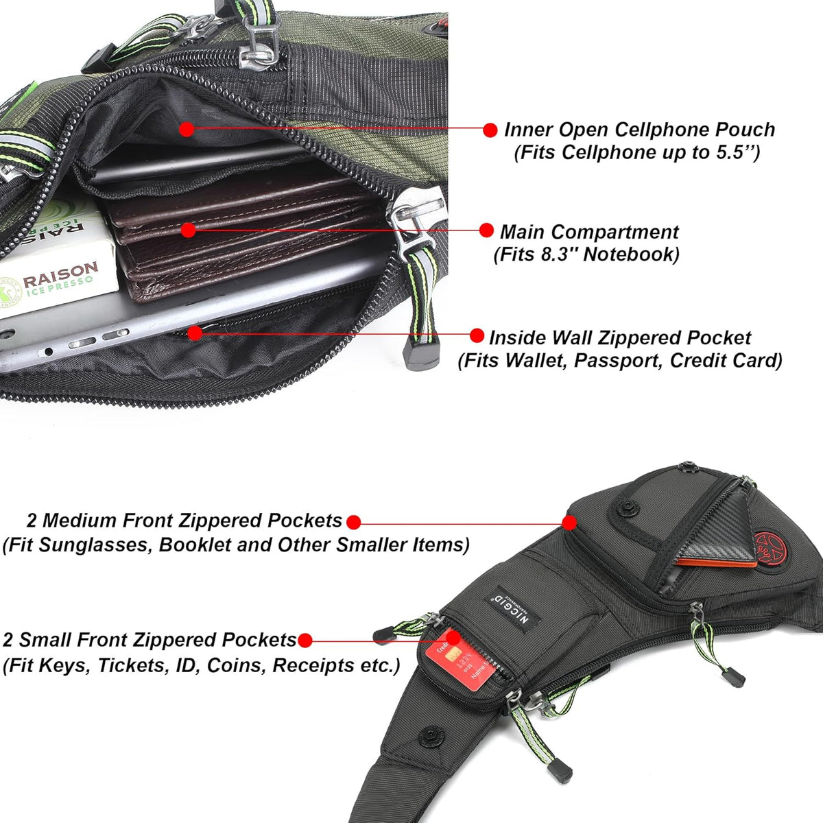 NICGID Bolso bandolera en el pecho, mochila de hombro, bolsa cruzada, mochila casual para hombres y mujeres, Verde militar, Viajes