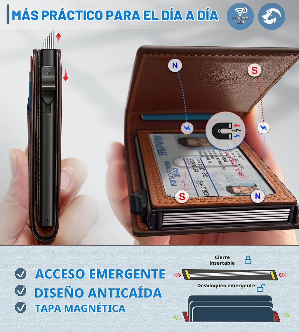 Cartera para hombre, tarjetero desplegable delgado con bloqueo RFID, billetera plegable minimalista con 9 ranuras para tarjetas, ventana de identificación y bolsillo para efectivo, funda de